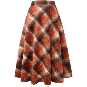 Womens Long OrangeNew Elastic Waist A-Line Pleated Tartan Long Plaid Wool Skirts